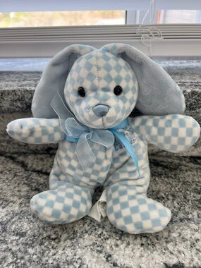 Blue Check Plush First Easter Bunny with Ribbon